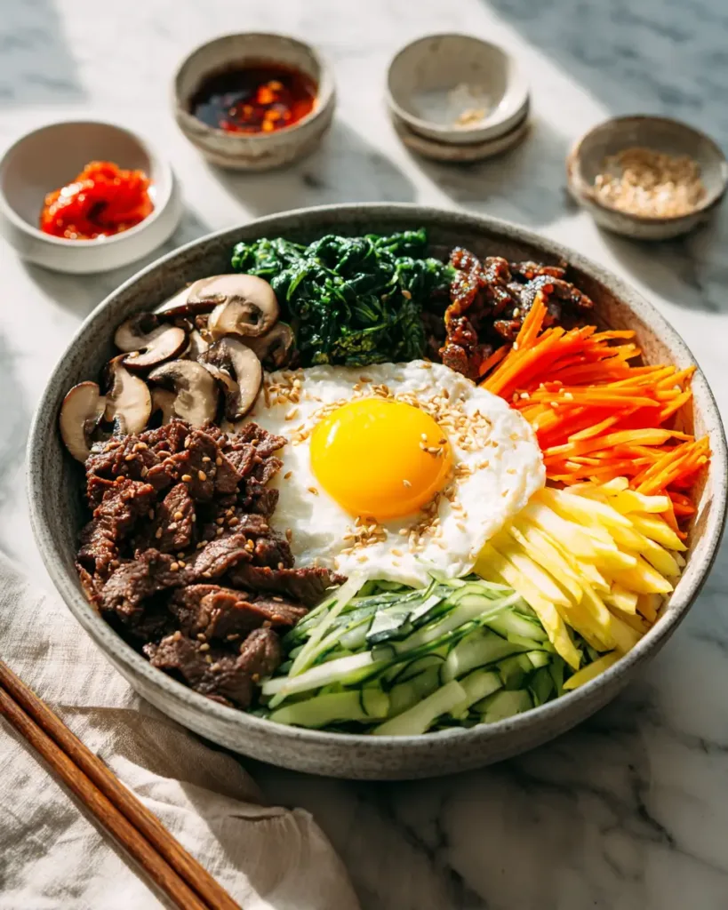 Easy Bibimbap Recipe with 10 Simple Ingredients 4 Bibimbap ingredients including spinach carrots bean sprouts mushrooms eggs and beef on a light surface