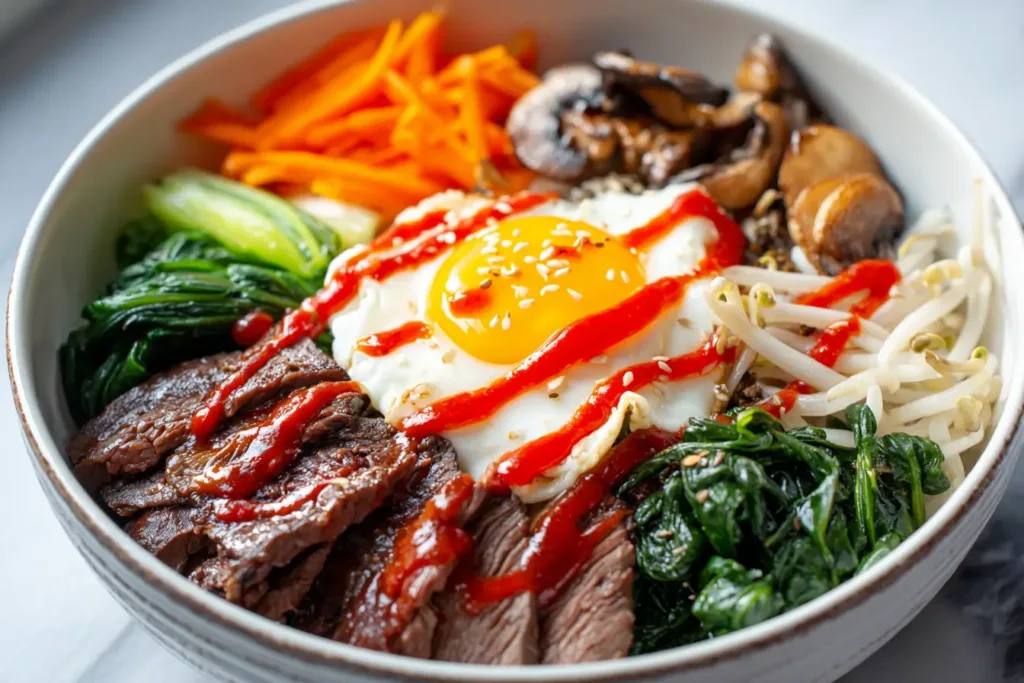 Easy Bibimbap Recipe with 10 Simple Ingredients 2 bibimbap recipe in a white ceramic bowl