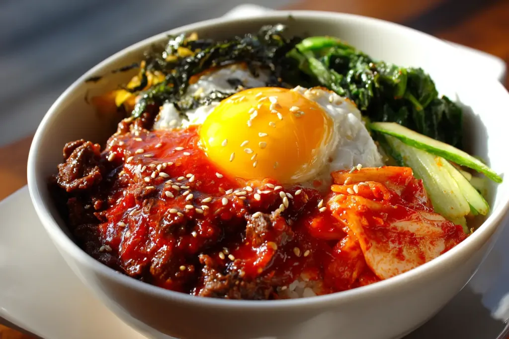 Easy Bibimbap Recipe with 10 Simple Ingredients 8 Bibimbap after mixing with gochujang sauce showing the traditional way to eat korean mixed rice