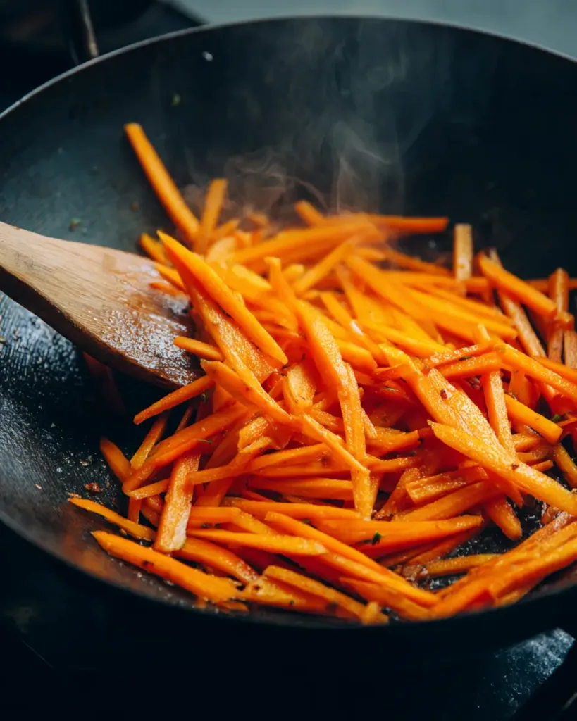 Easy Bibimbap Recipe with 10 Simple Ingredients 6 Julienned carrots stir frying in a wok for easy bibimbap recipe