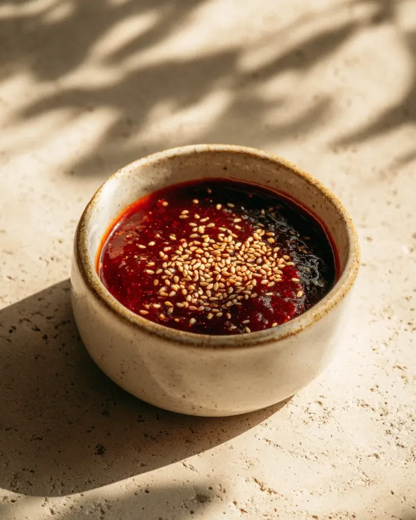 Easy Bibimbap Recipe with 10 Simple Ingredients 5 Bibimbap recipe sauce made with gochujang sesame oil and garlic in a small white bowl