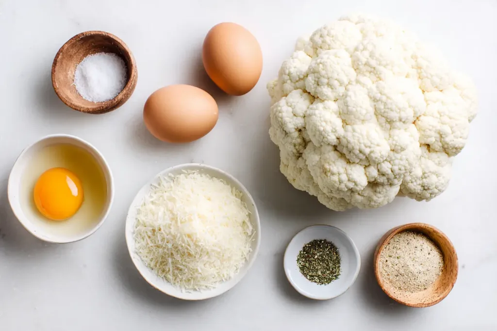 Fresh cauliflower egg parmesan Italian seasoning salt and pepper on a white surface , cauliflower pizza crust