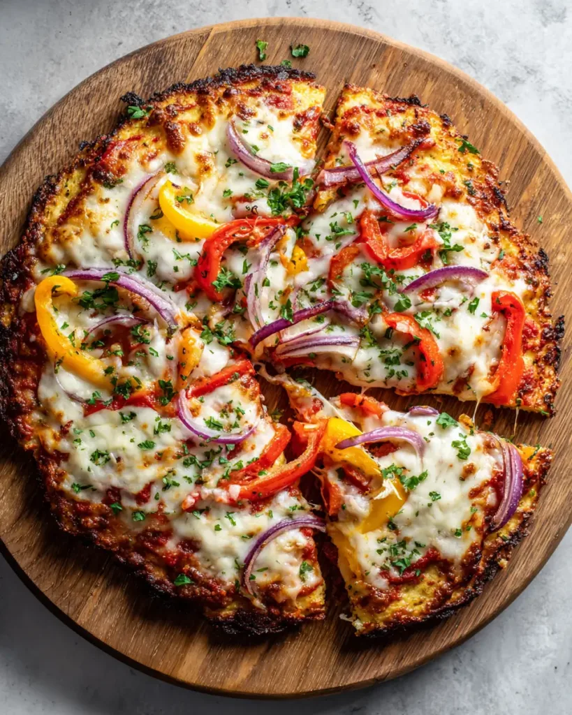 Cauliflower pizza crust topped with marinara melted mozzarella red onion and bell peppers , cauliflower pizza crust