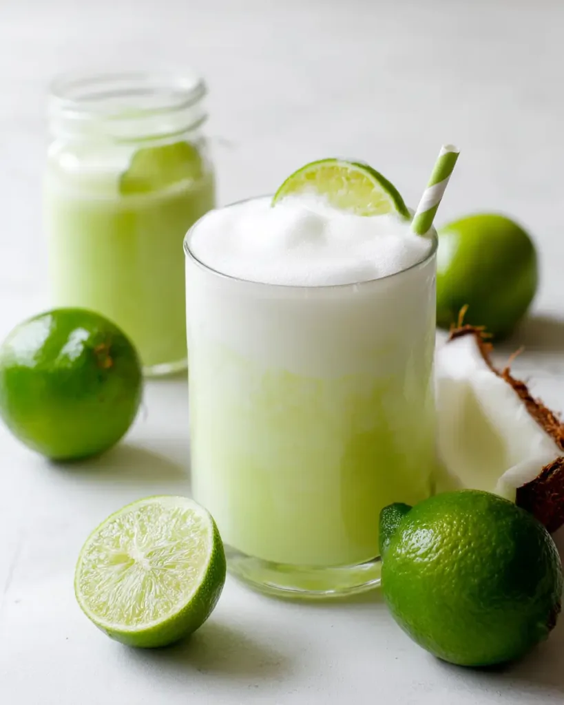 Coconut Brazilian lemonade recipe in a glass with thick creamy foam and a coconut garnish