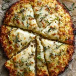Crispy cauliflower pizza crust sliced on parchment with golden edges and melted mozzarella , cauliflower pizza crust
