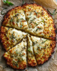 Crispy cauliflower pizza crust sliced on parchment with golden edges and melted mozzarella , cauliflower pizza crust