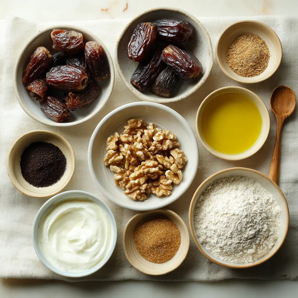 Date walnut cake ingredients measured in small bowls including dates, walnuts, muscovado sugar and flour ,Date Walnut Cake Recipe