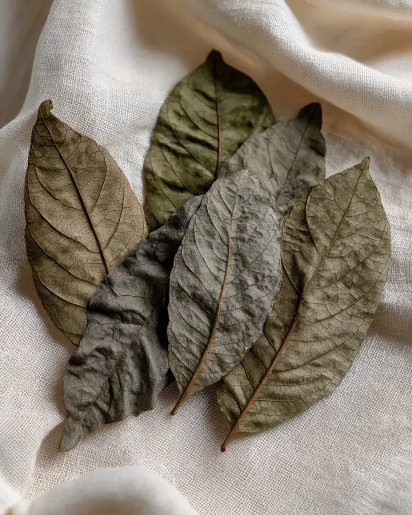 Several dry soursop leaves arranged on a cream linen cloth showing their texture and dark green brown color , Soursop Leaf Tea 