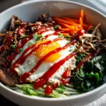 Easy bibimbap recipe in a white ceramic bowl with colorful vegetables and fried egg