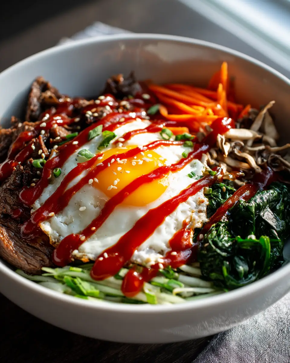 Easy Bibimbap Recipe with 10 Simple Ingredients 3 Easy bibimbap recipe in a white ceramic bowl with colorful vegetables and fried egg