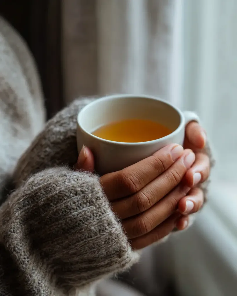 hands wrapped around a warm white ceramic mug of soursop leaf tea in soft morning light , Soursop Leaf Tea 