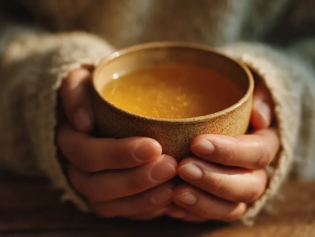 Hands holding a warm mug of honey trick recipe drink during a calm morning ritual , Honey trick recipe