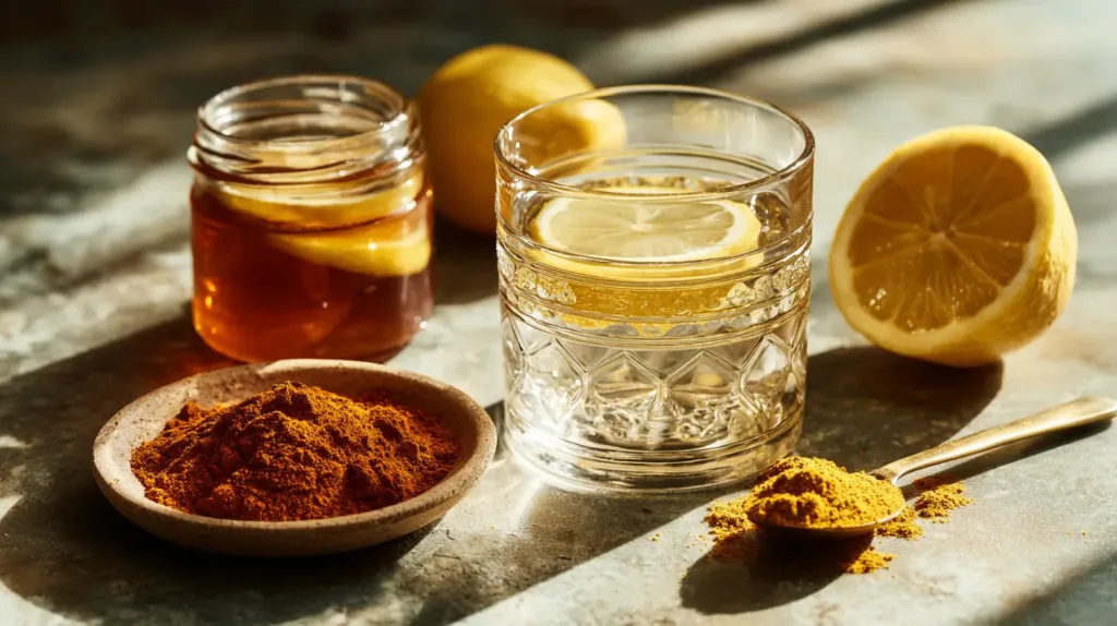 Honey trick recipe ingredients including raw honey, cinnamon, turmeric, and lemon on a countertop , Honey trick recipe