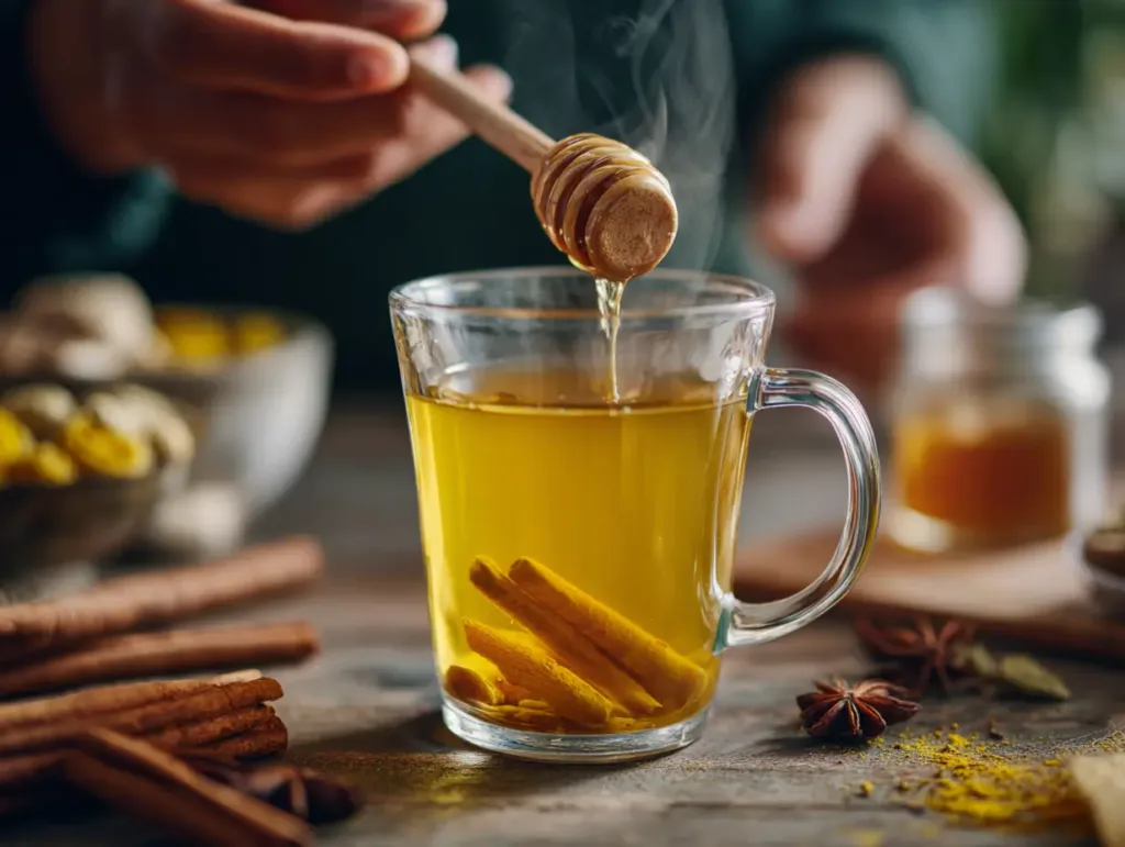 Stirring honey trick recipe in a glass mug with cinnamon and turmeric swirling in warm water , Honey trick recipe
