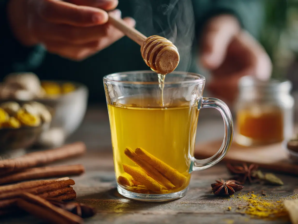 Stirring honey trick recipe in a glass mug with cinnamon and turmeric swirling in warm water , Honey trick recipe