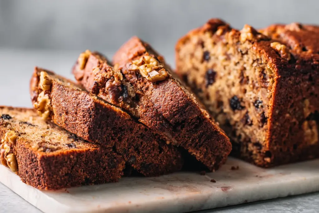 Sliced moist date walnut cake showing dark dense crumb with walnut pieces on a cutting board