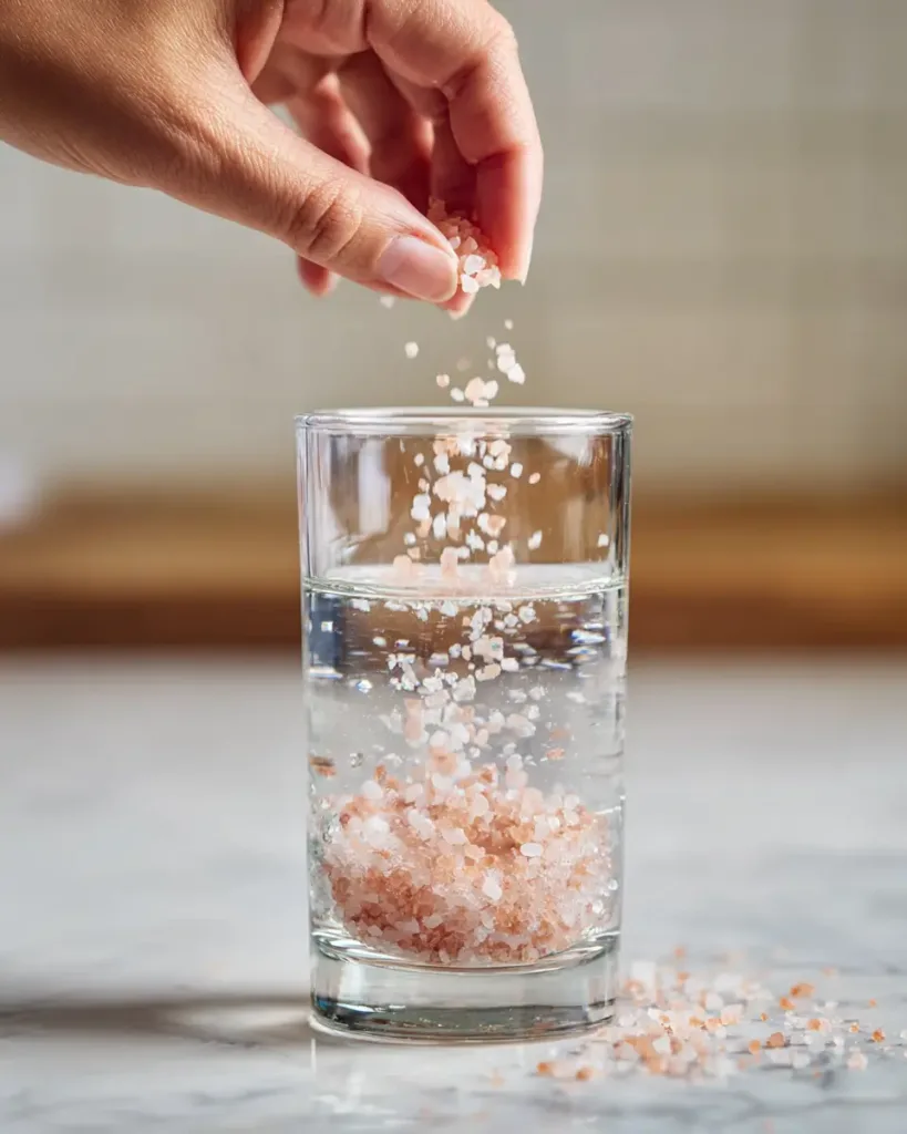 pink salt and baking soda recipe for weight loss with pink salt crystals dropping into a clear glass