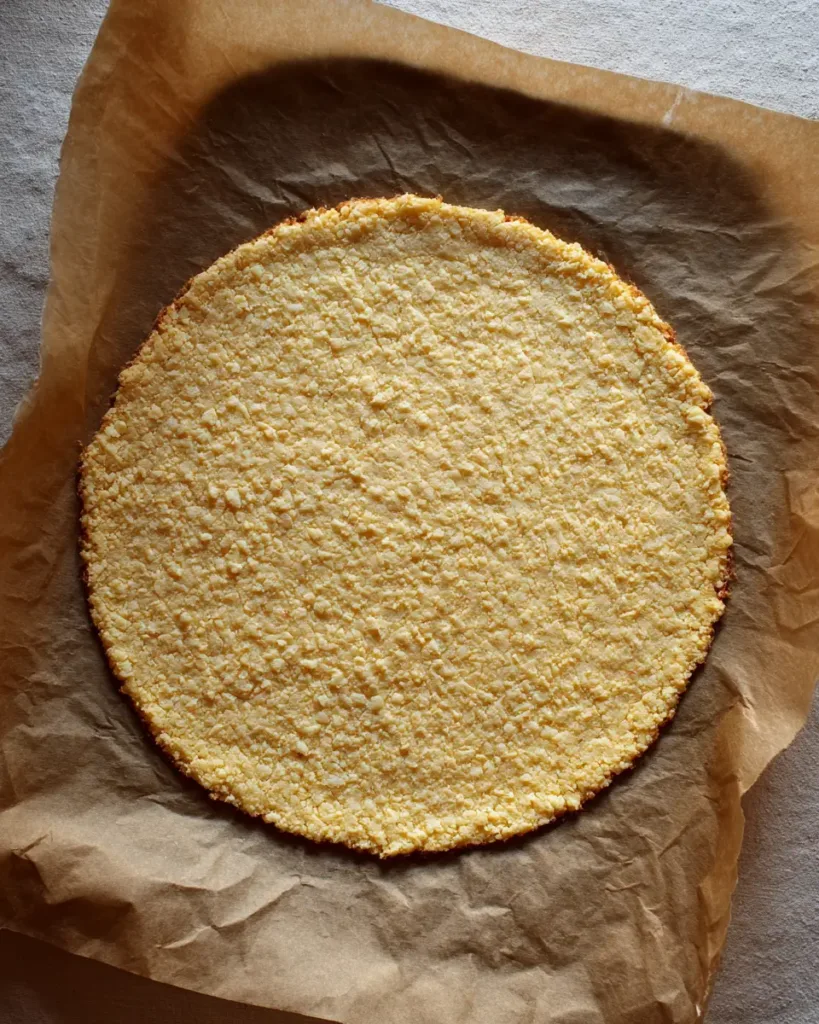 Unbaked cauliflower pizza crust pressed into a round on parchment paper , cauliflower pizza crust
