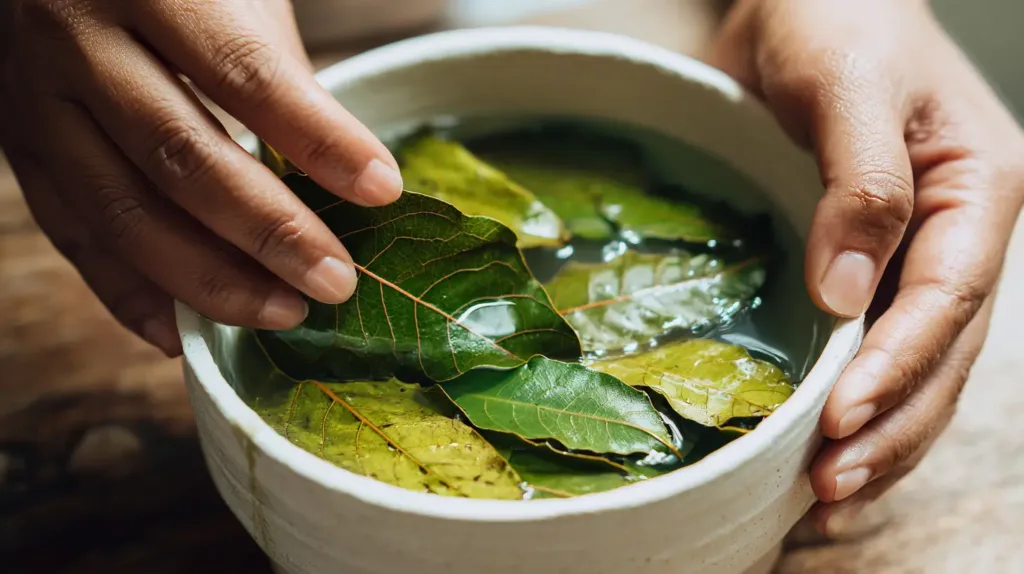Dry soursop leaves being placed into a small ceramic pot with water before brewing soursop leaf tea