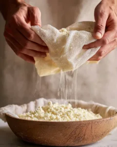 Hands squeezing cooked riced cauliflower in cheesecloth over a bowl with water dripping out , cauliflower pizza crust
