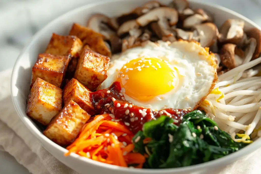 Easy Bibimbap Recipe with 10 Simple Ingredients 7 Vegetarian bibimbap recipe with golden pan fried tofu in a ceramic bowl