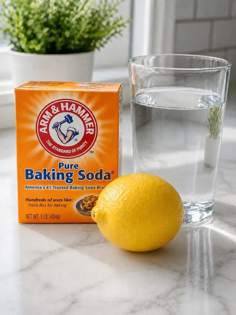 what is the baking soda trick all ingredients baking soda box lemon and water on white countertop
