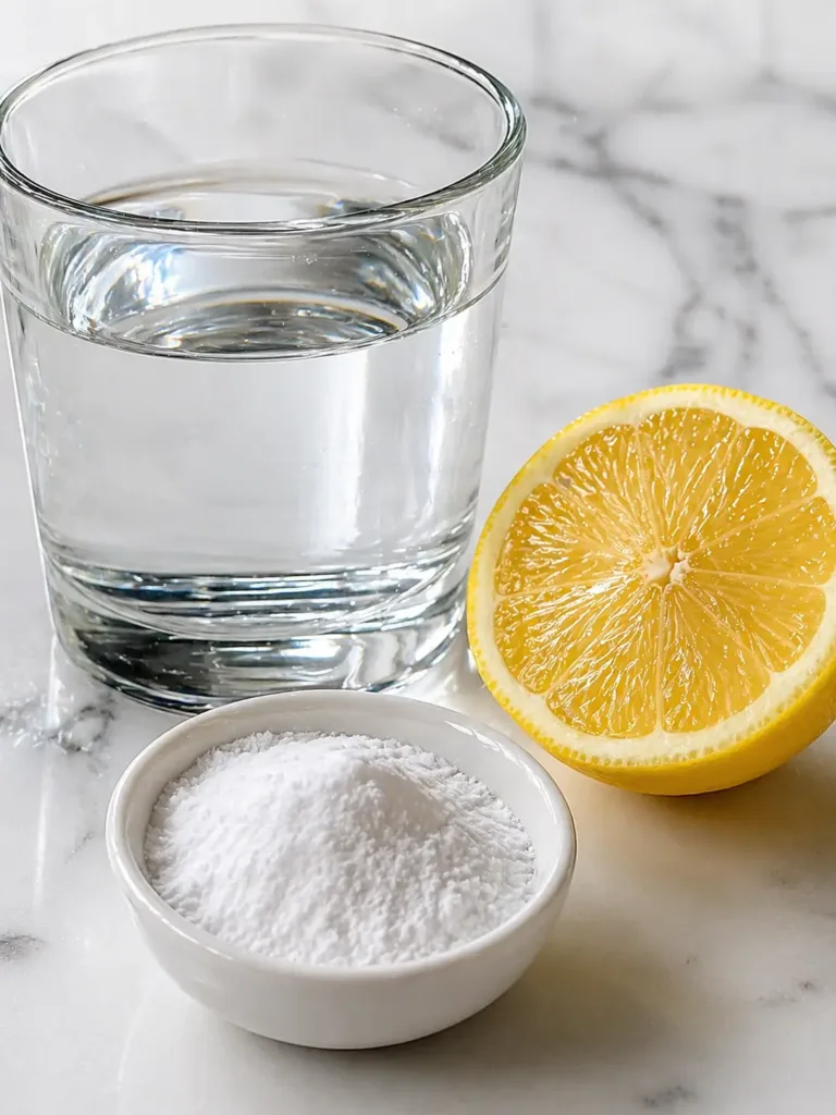 what is the baking soda trick ingredients baking soda lemon and water on white surface ,What is the baking soda trick